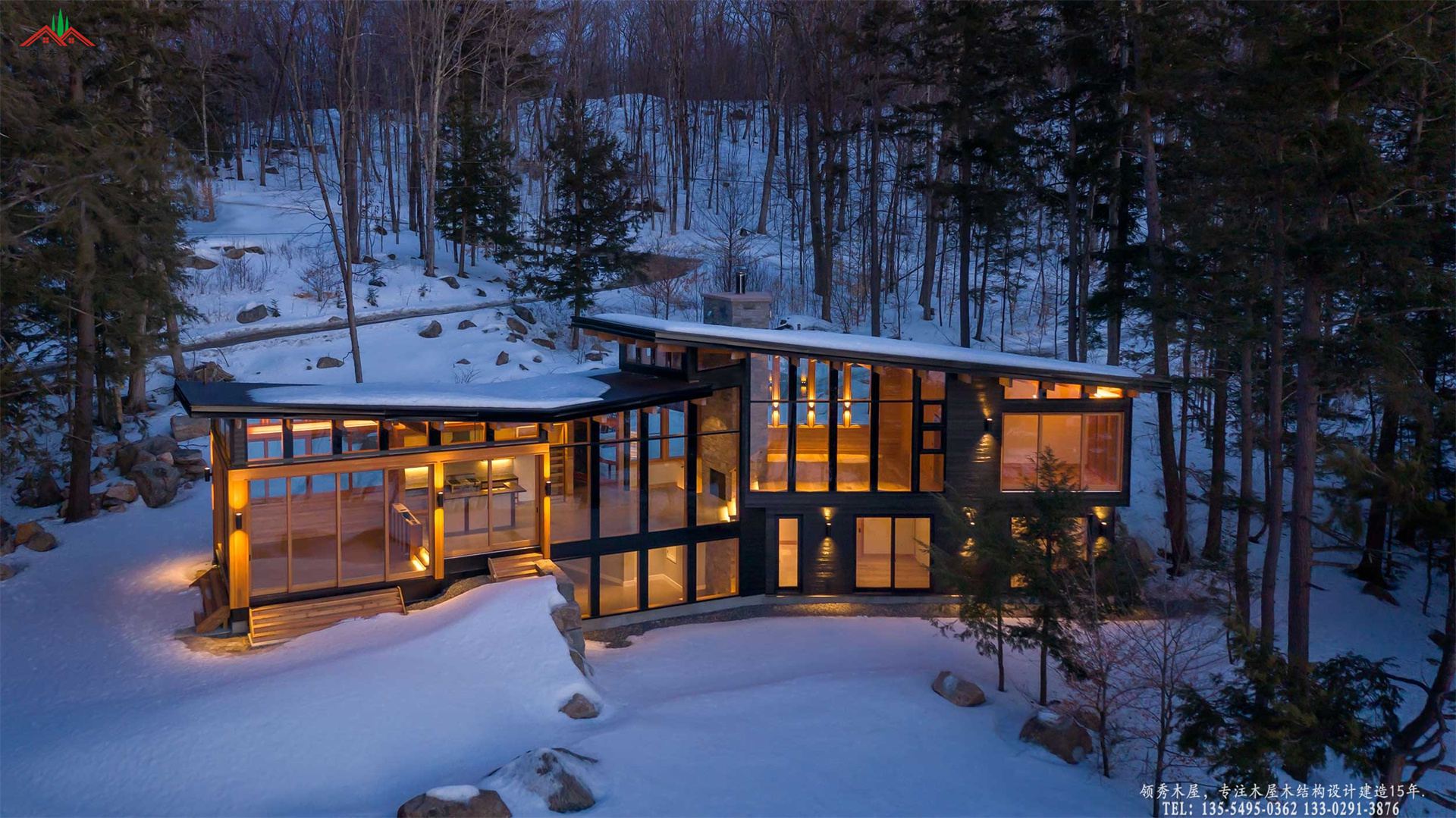 花旗松重型木屋-雪景夜间外观01