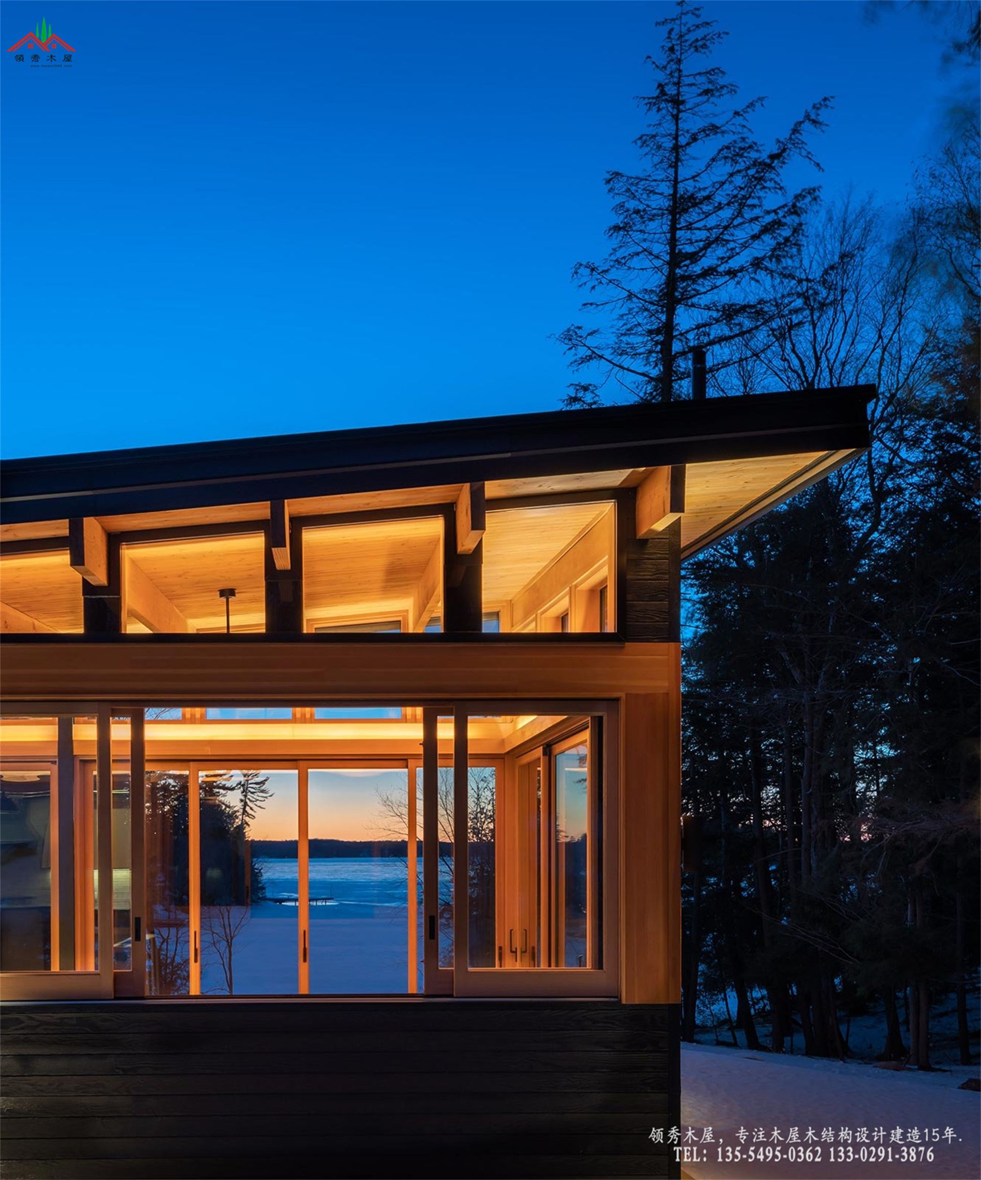 花旗松重型木屋-雪景夜间外观特写02