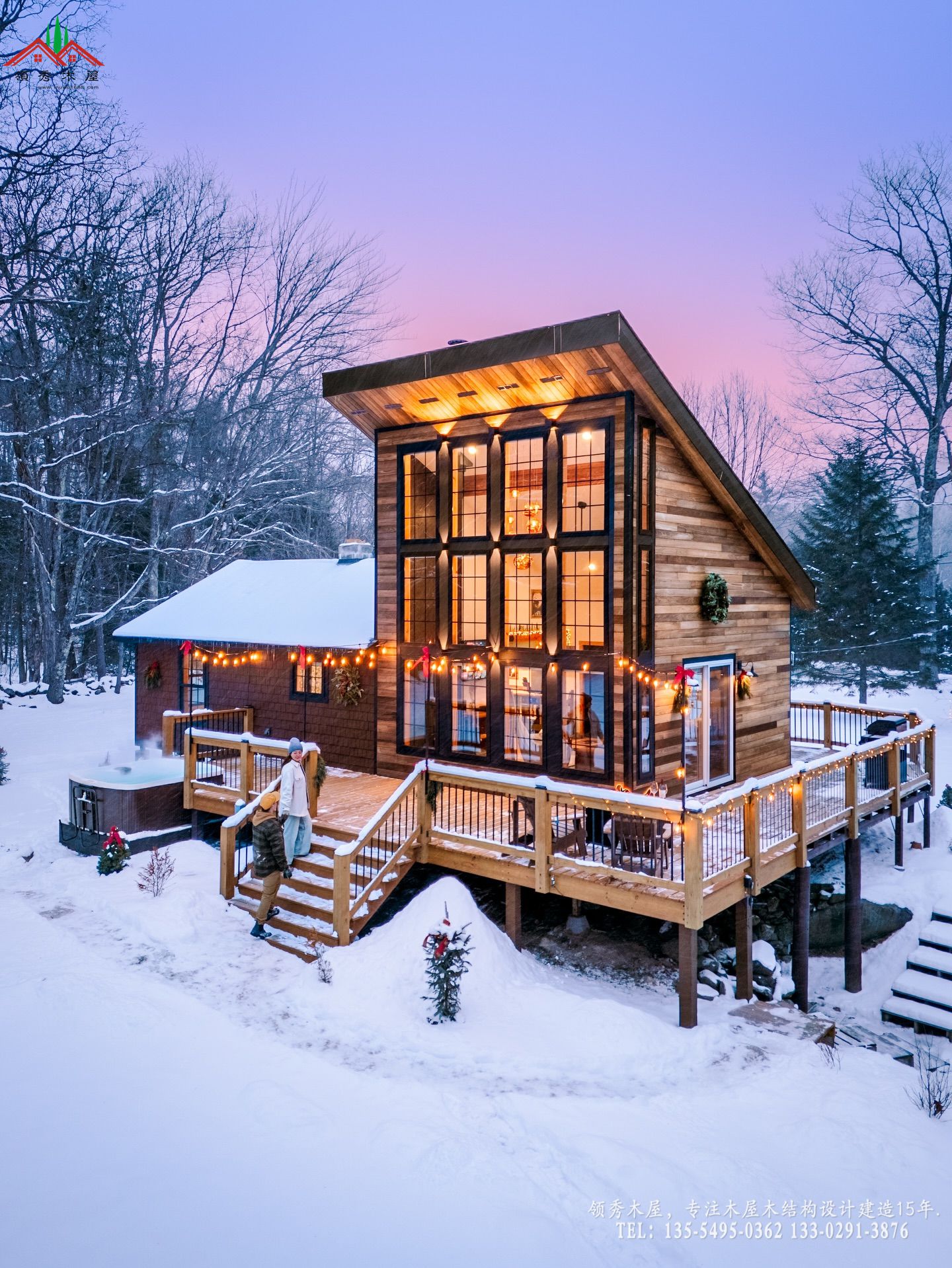 现代单坡顶雪景木屋实景图