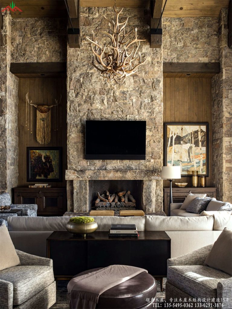 北美重木传世庄园巨型真火毛石壁炉休闲区