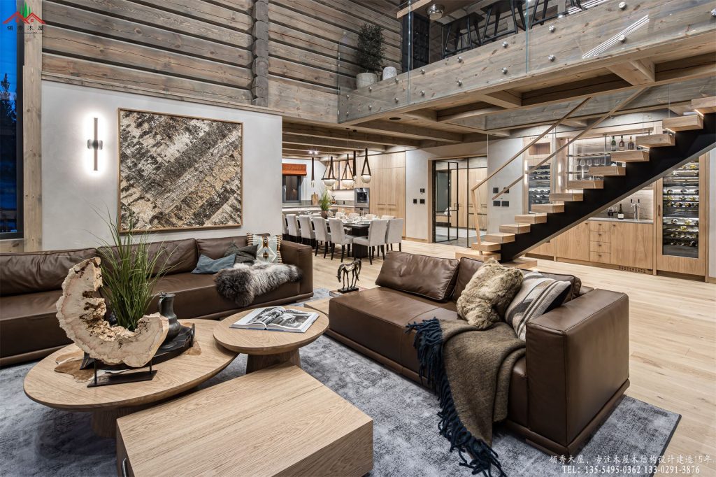 高端原木商务会所重型梁柱与接待大厅