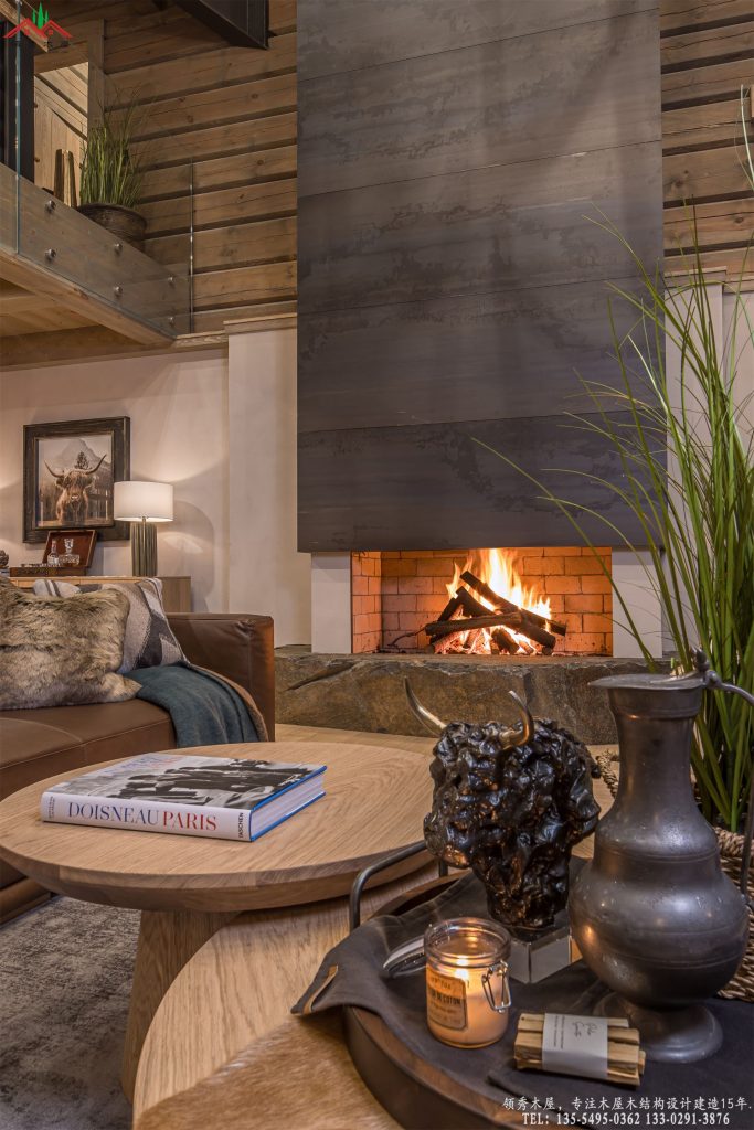 重型木屋会所大宅内部巨型真火壁炉