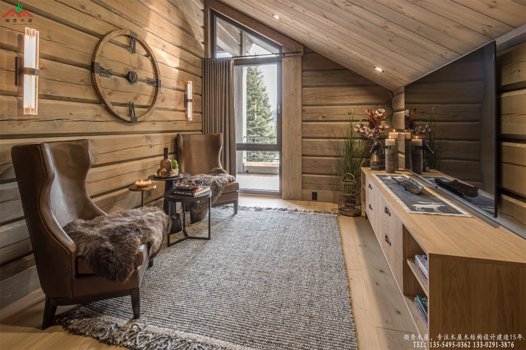 高端度假木屋别墅室内软装与原木护墙板