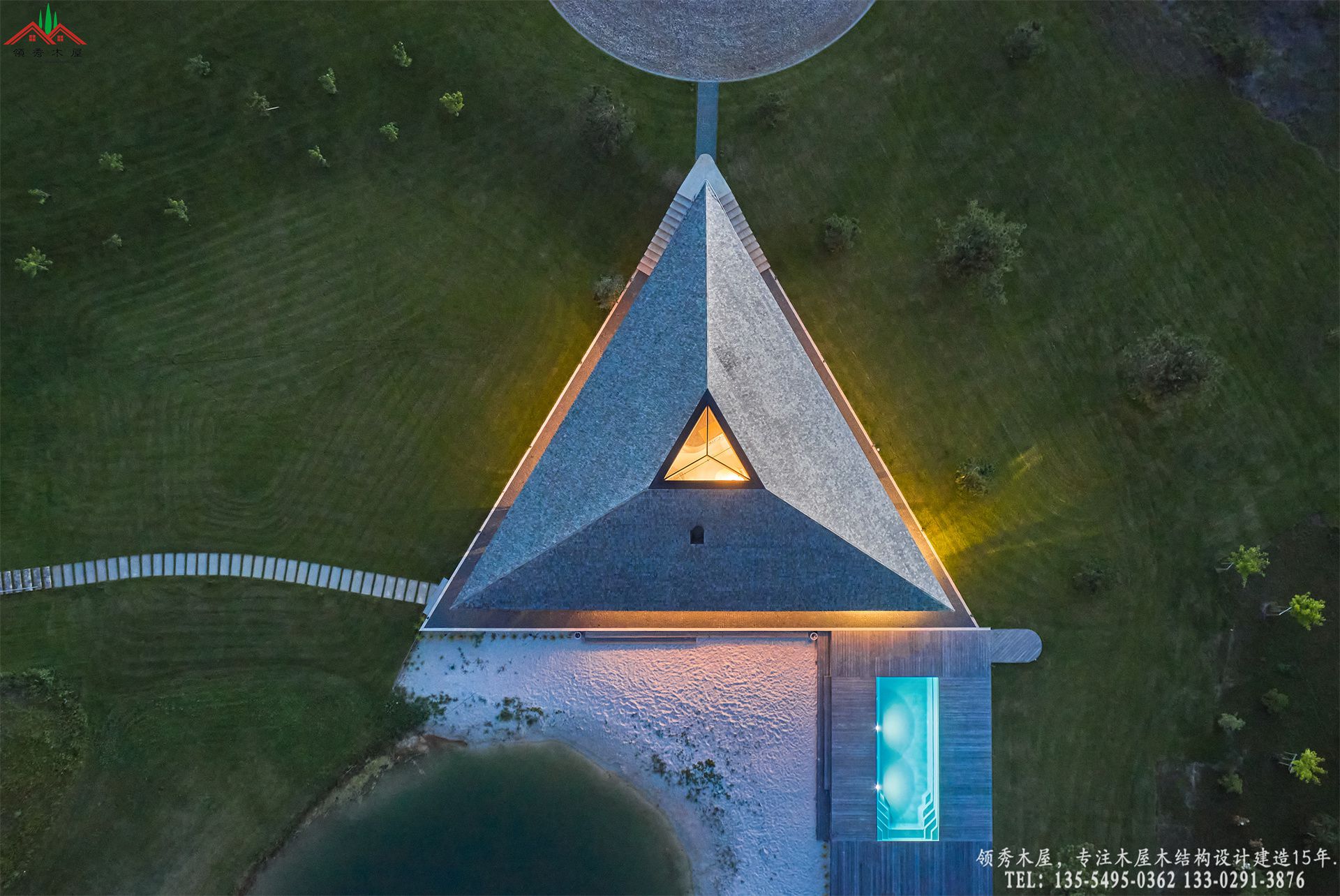 顶奢度假酒店滨水茶室亭-空中俯拍特写