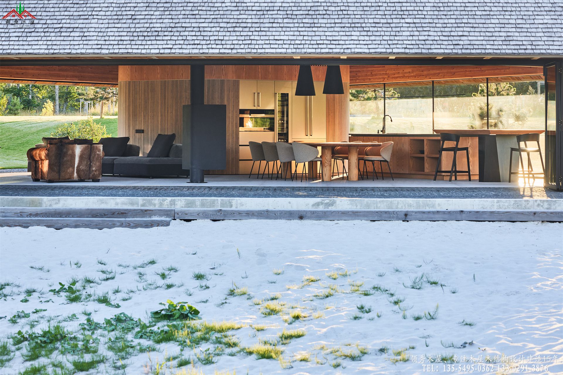 顶奢度假酒店滨水茶室亭-外看室内全景特写