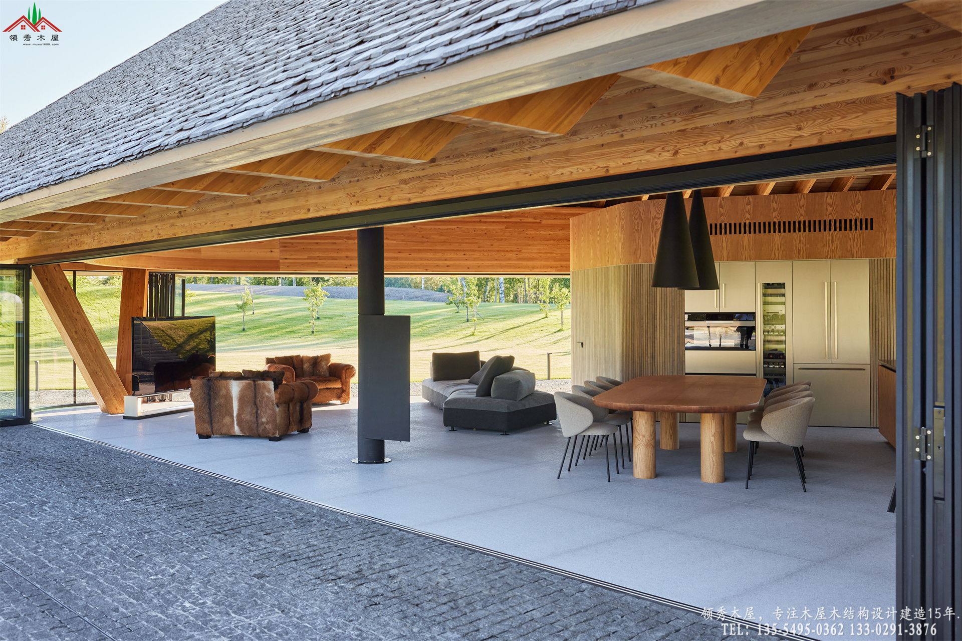 顶奢度假酒店滨水茶室亭-外看室内近景特写