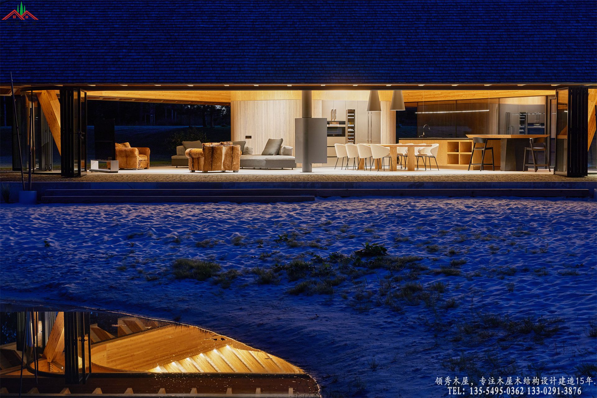 顶奢度假酒店滨水茶室亭-夜间外看室内全景特写