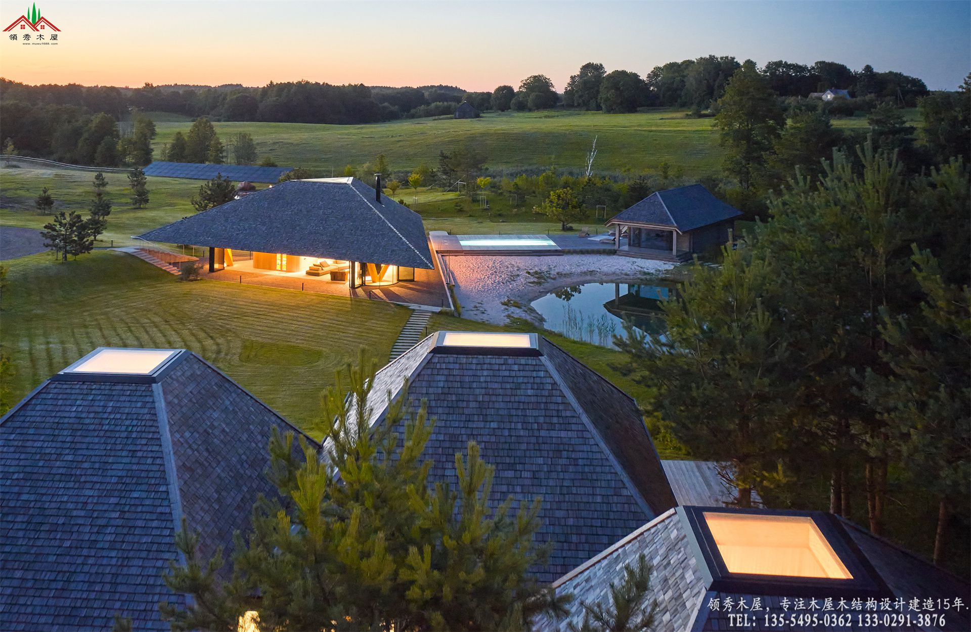 顶奢度假酒店滨水茶室亭-航拍特写