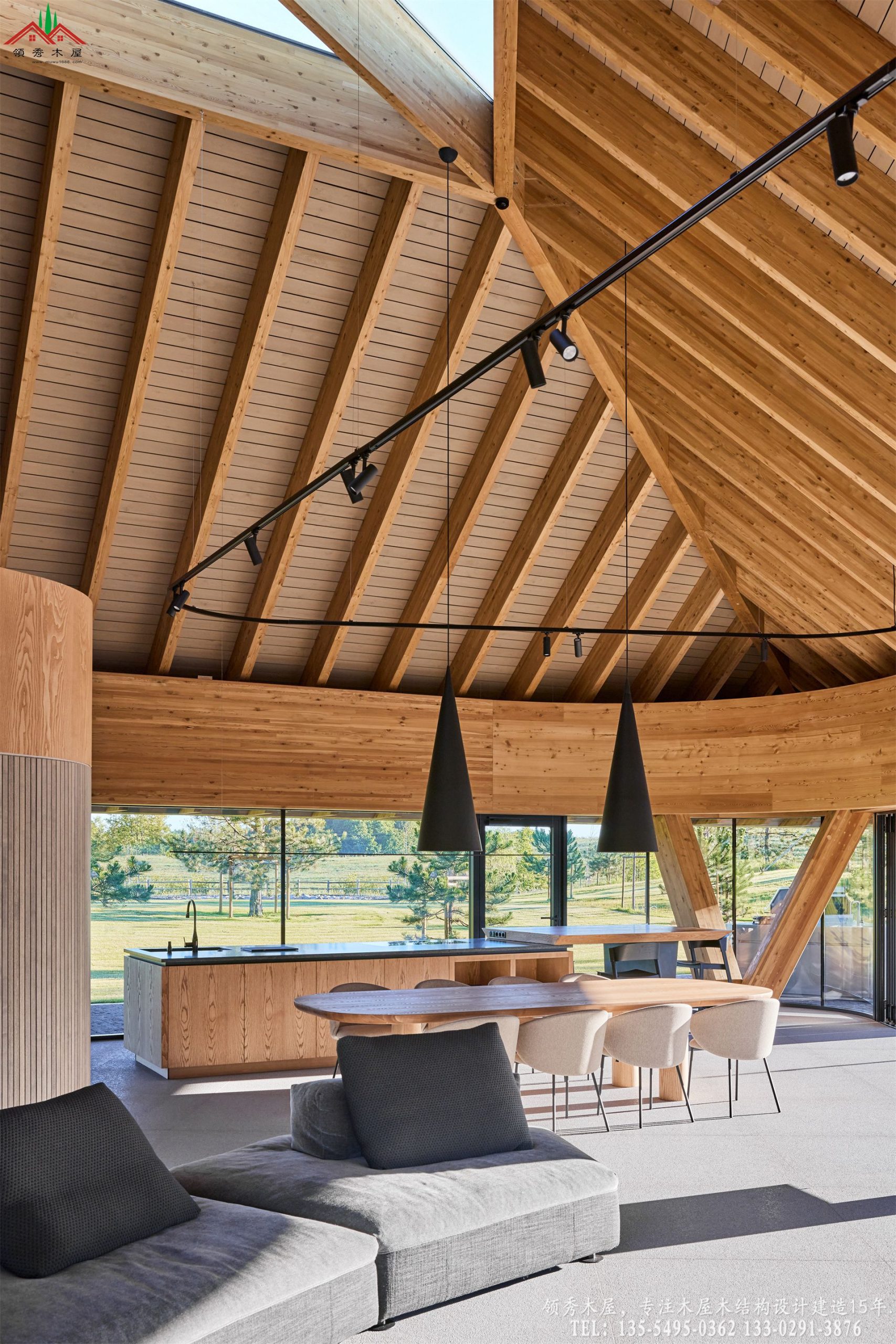 顶奢度假酒店滨水茶室亭-屋顶放射性木骨架特写02