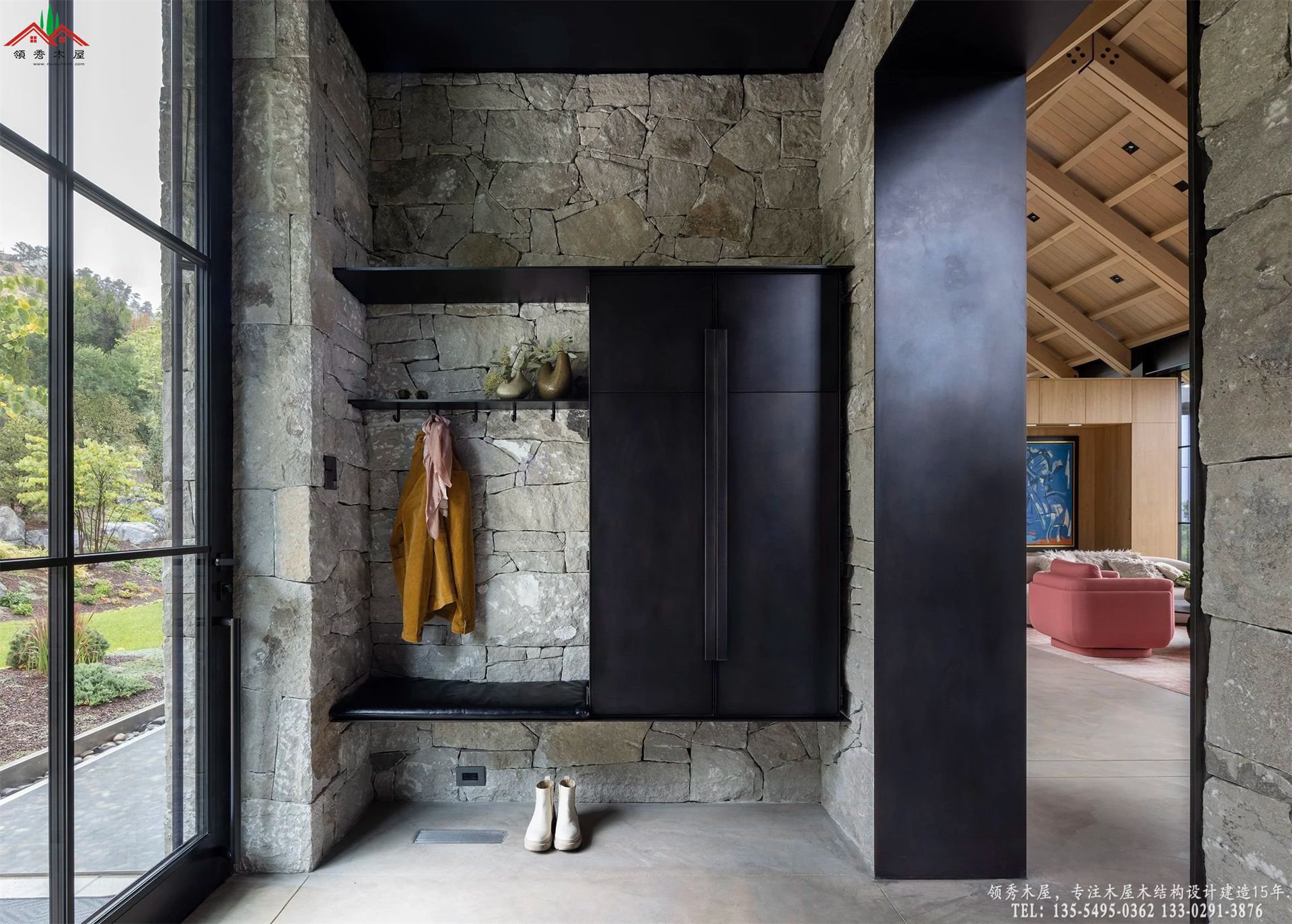 顶奢石木庄园极简入户玄关与接待通道