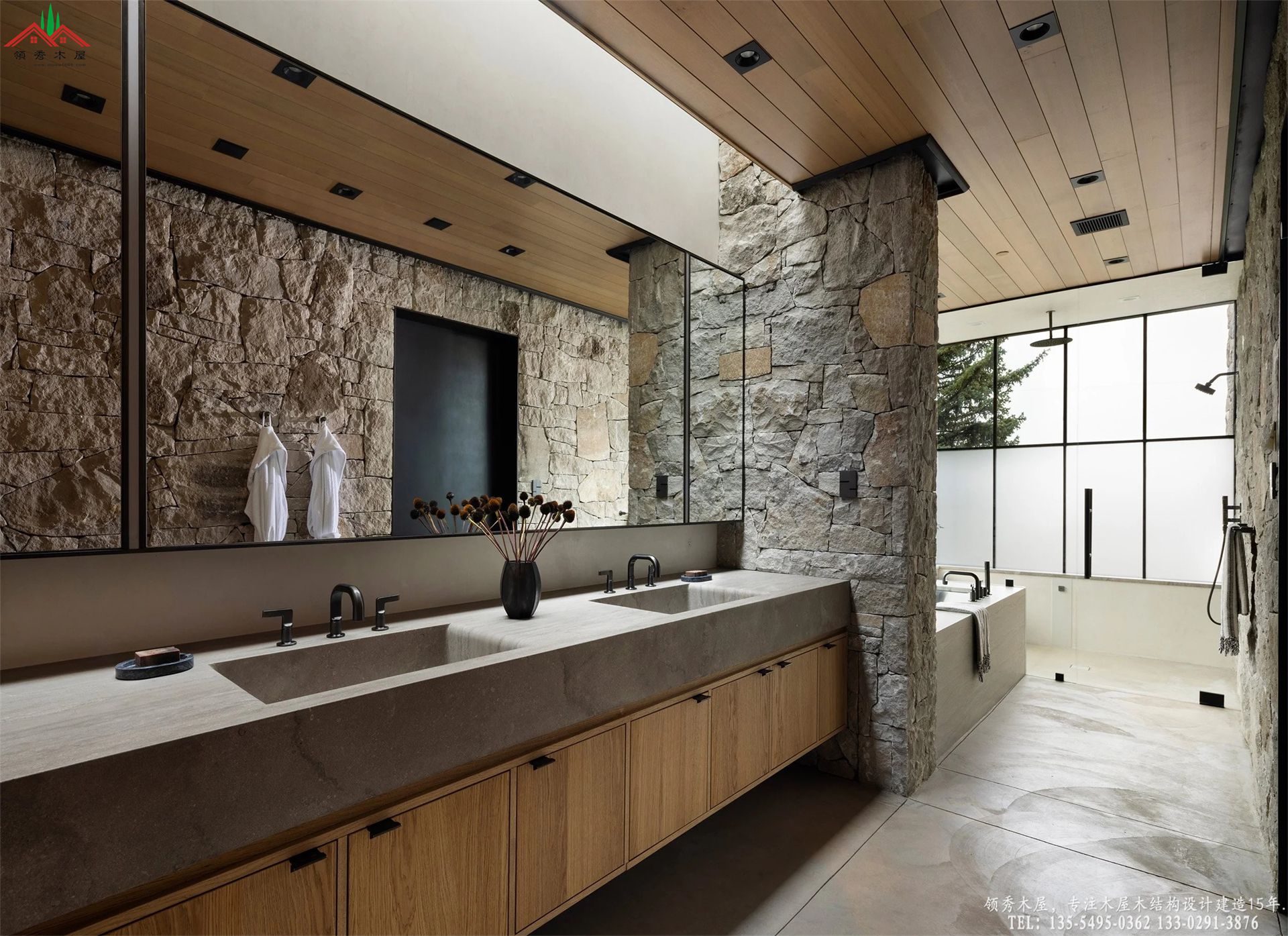 顶级野奢酒店双台盆全实木定制卫浴空间