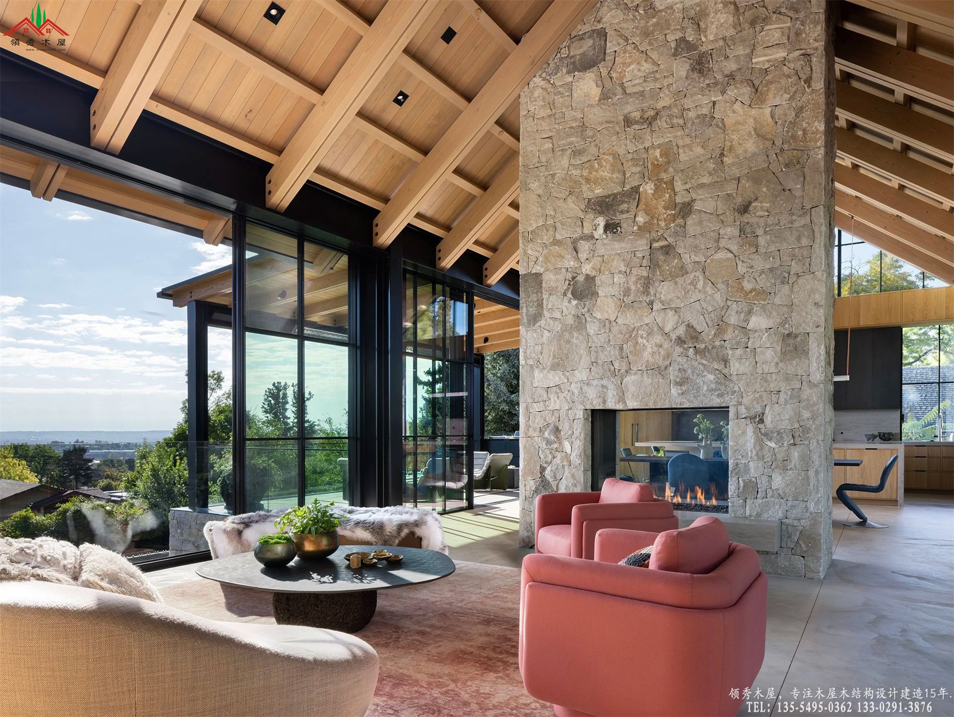 顶级私董会接待中心全景石木结构休息区