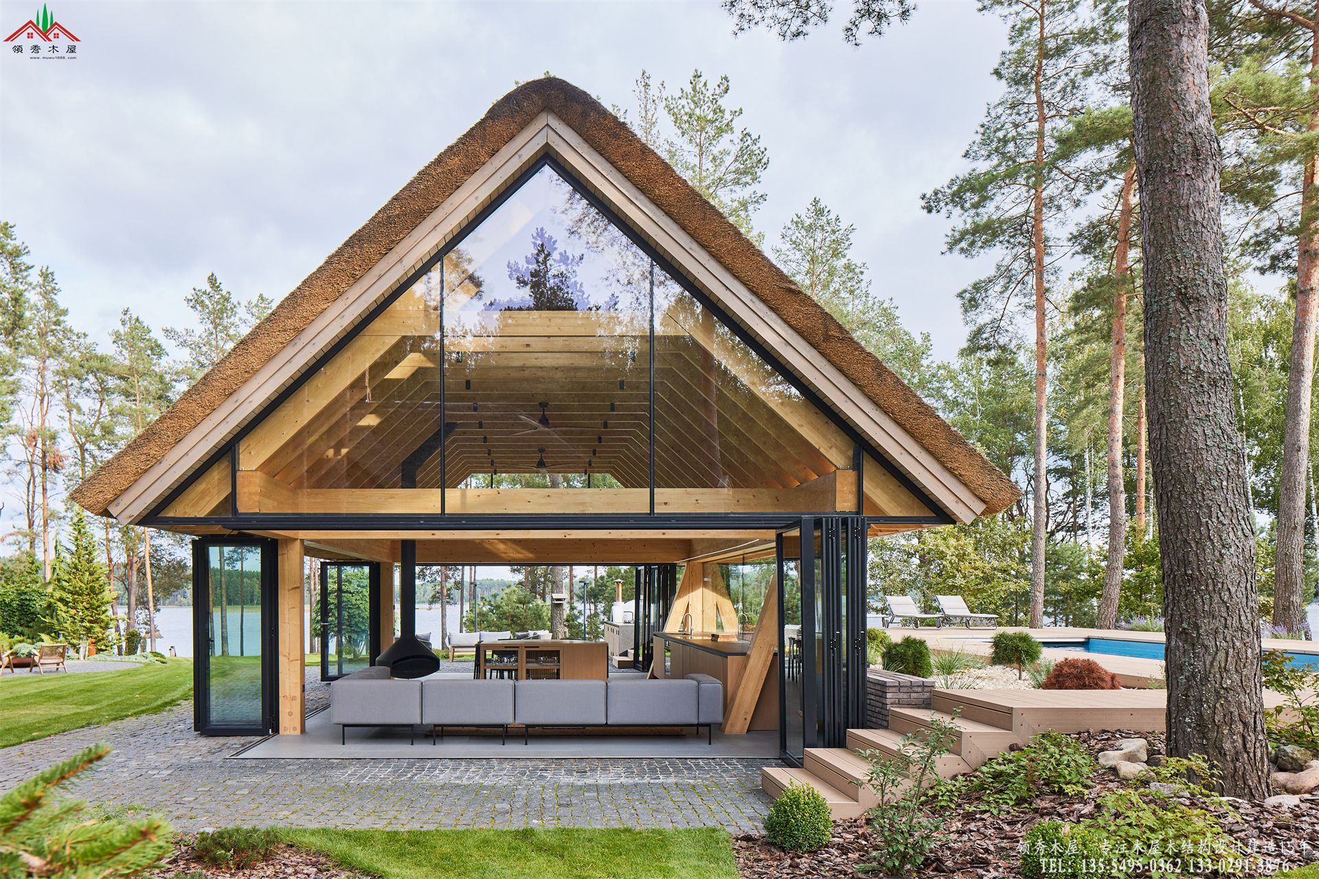 奢华茅草泳池服务休闲亭日景外观