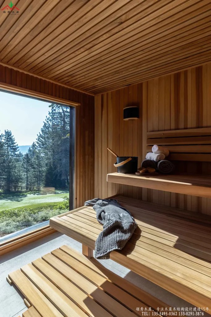 豪华红雪松墙板桑拿房,落地窗尽览高尔夫球场与森林美景。
