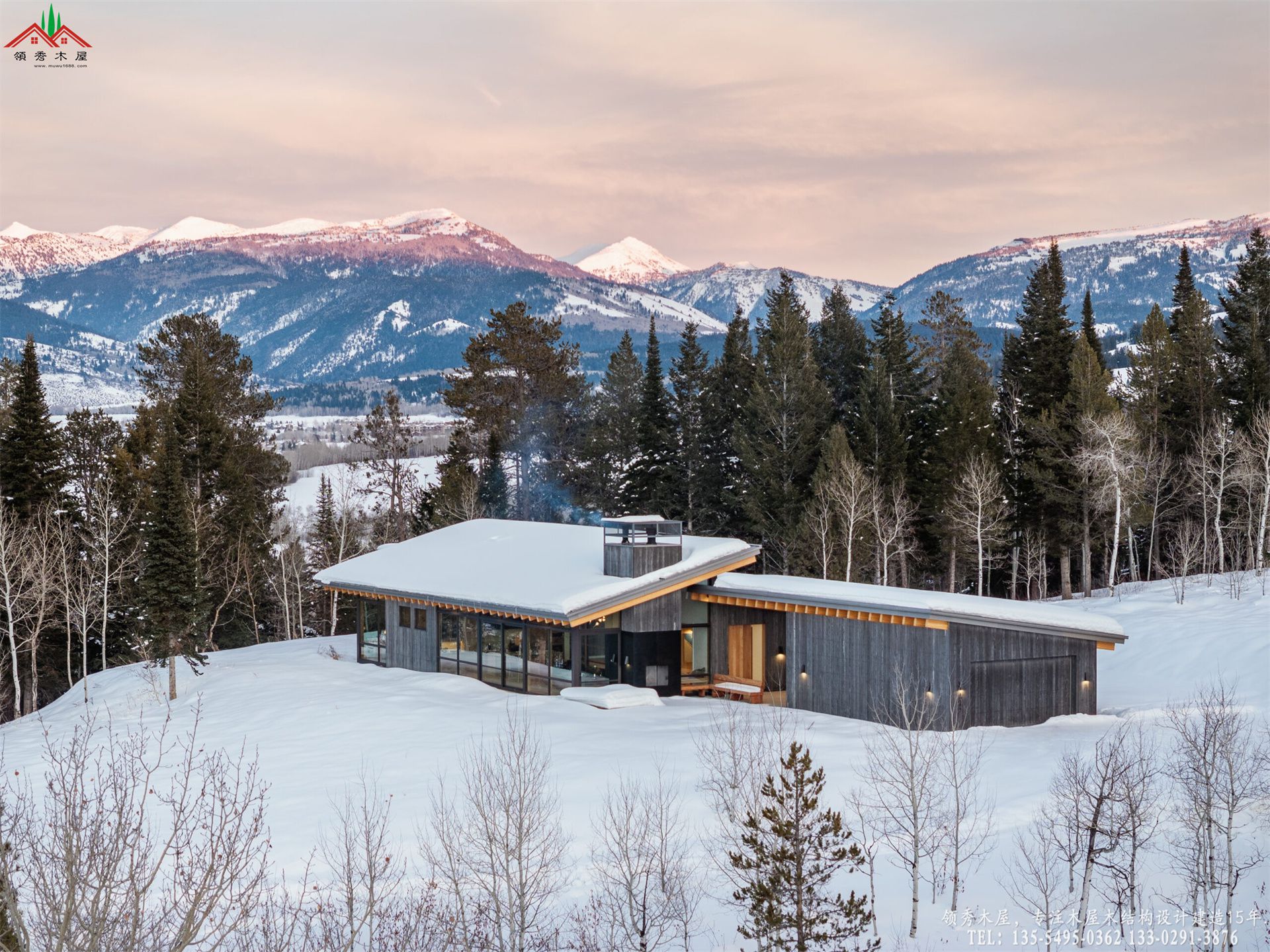 现代山地木屋别墅-雪景外观全景图