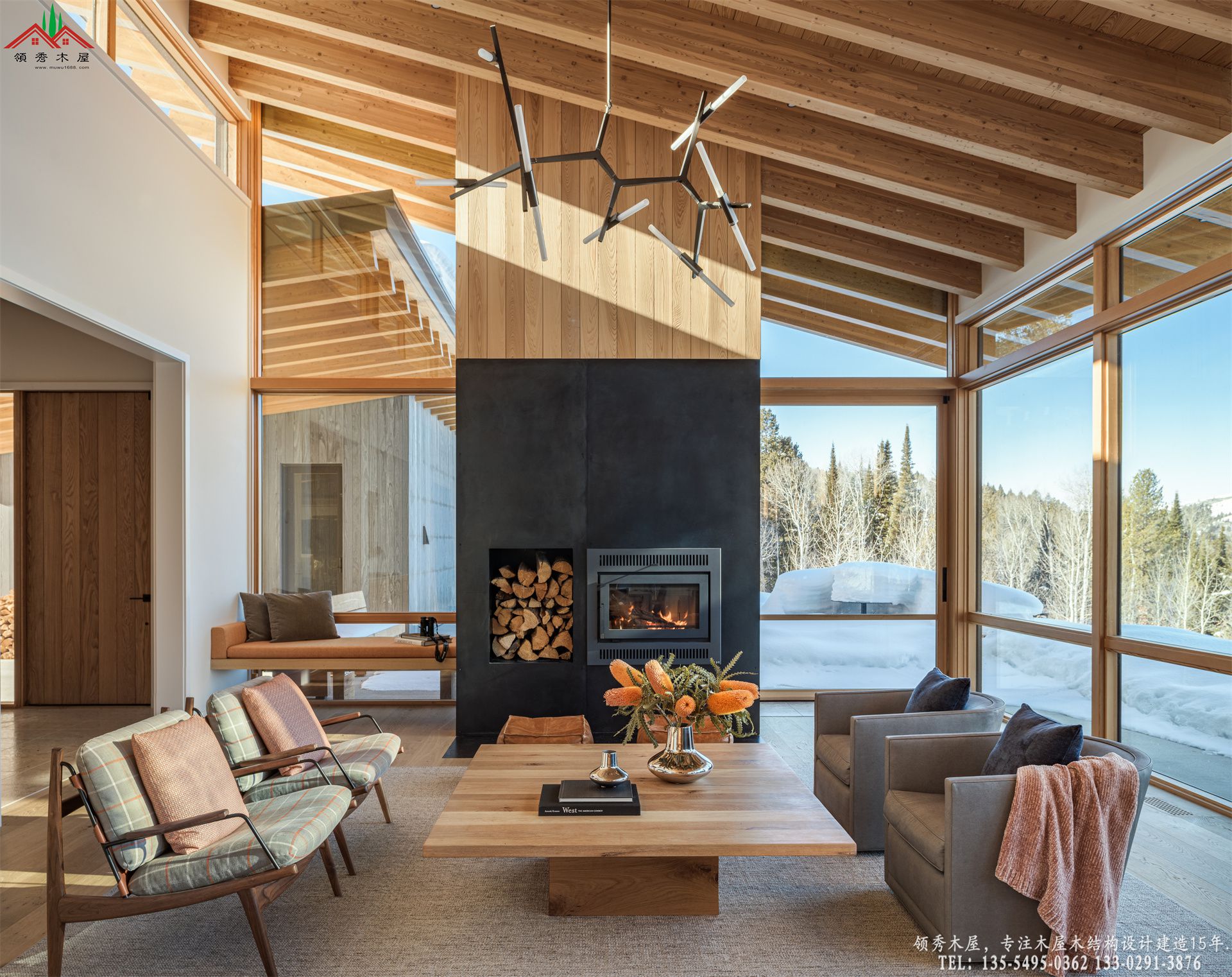 现代山地木屋别墅-真火壁炉会客厅特写
