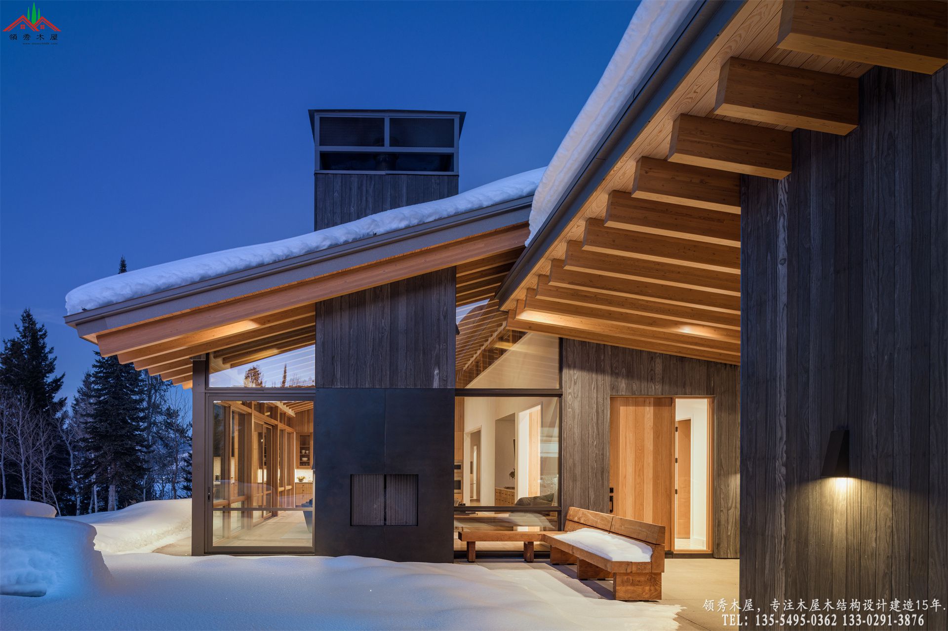 现代山地木屋别墅-雪景外观夜景特写01