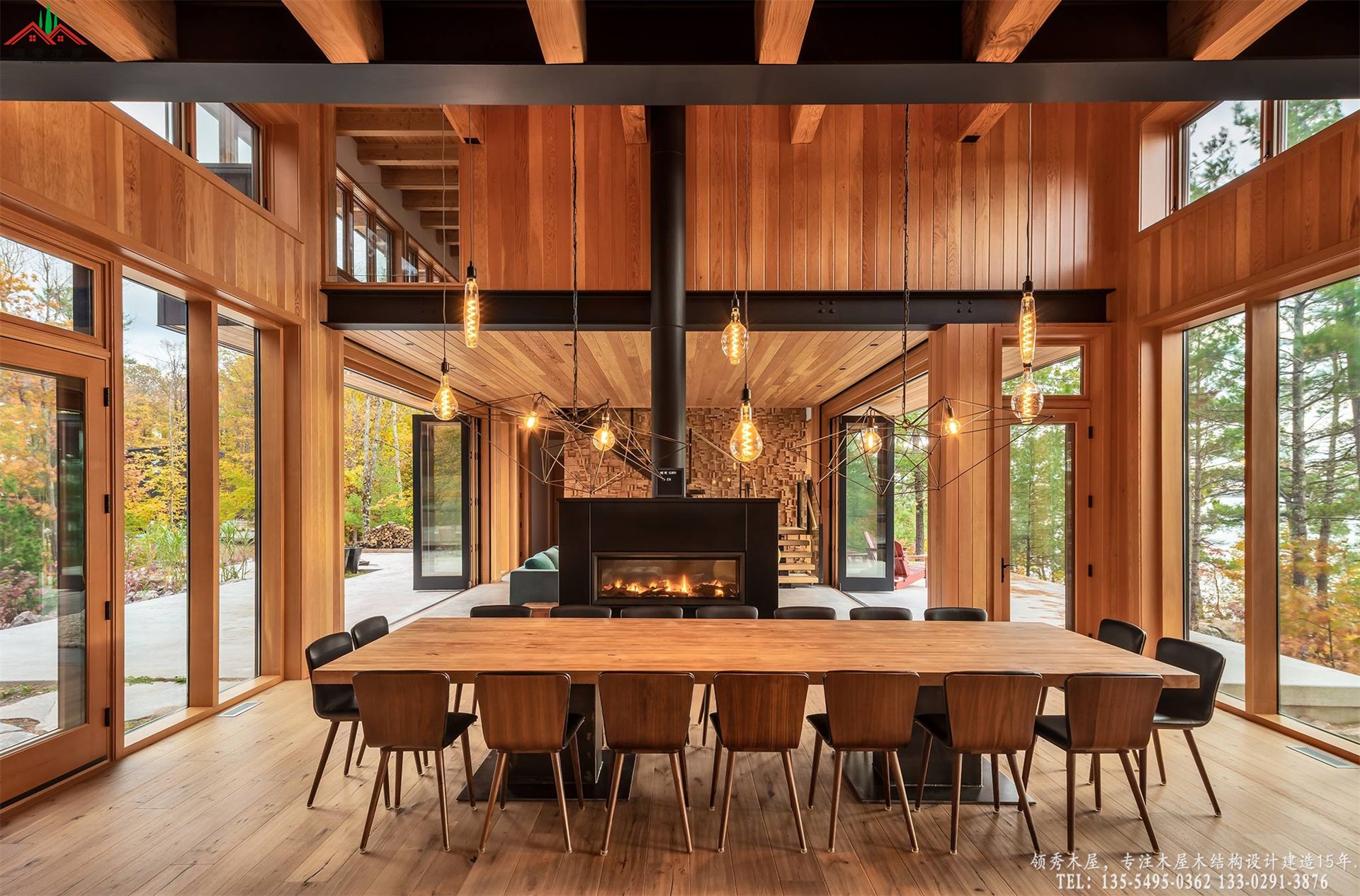 高端木屋会所超大实木长桌与VIP餐厅01